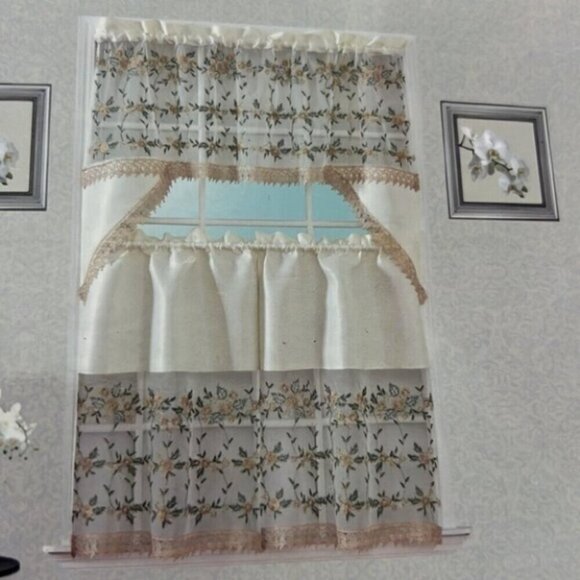 3PC Gabriella Embroidery Kitchen Curtain Set, Basement/Bathroom - Picture 2 of 3
